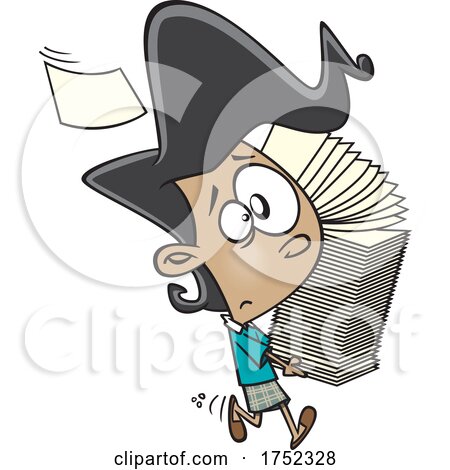Cartoon Stressed Girl or Woman Carrying a Stack of Papers by toonaday