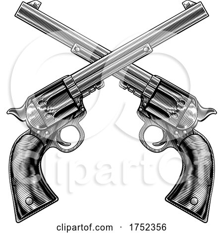 Cross Gun Revolver Western Cowboy Pistols Woodcut by AtStockIllustration