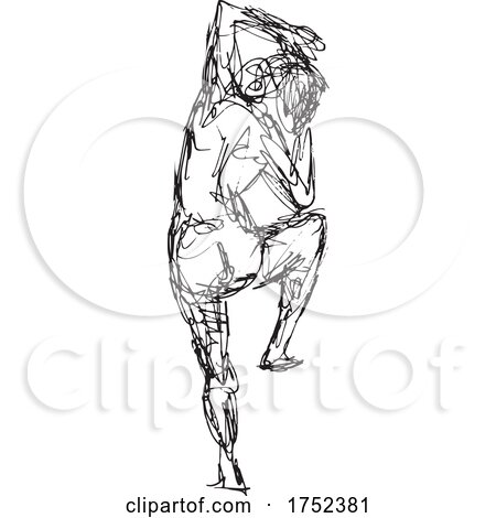 Nude Female Human Figure Standing Rear View Doodle Art Continuous Line Drawing by patrimonio