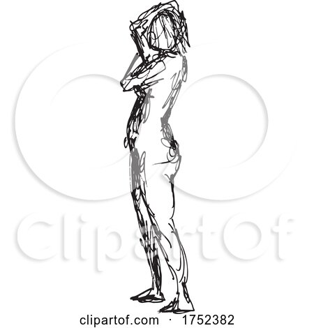 Nude Female Human Figure Posing with Hand Behind Head Side View Doodle Art Line Drawing by patrimonio