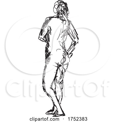 Nude Female Human Figure Posing with Hand on Hips Rear View Doodle Art Line Drawing by patrimonio