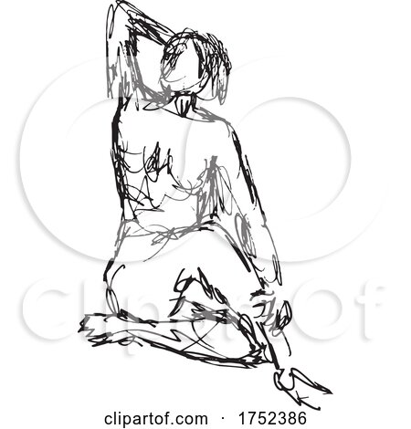Nude Female Human Figure Sitting on Floor Doodle Art Continuous Line Drawing by patrimonio