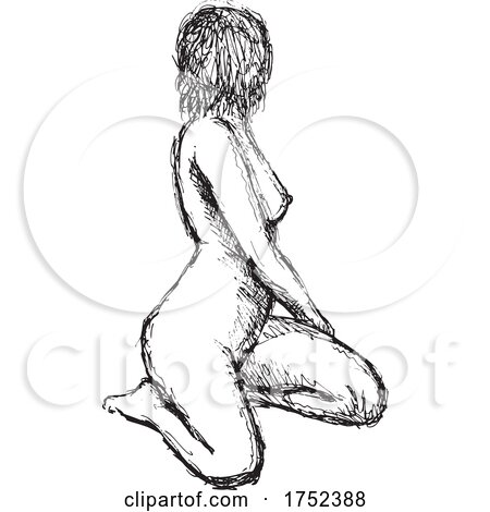 Nude Female Human Figure Sitting on Knees Doodle Art Continuous Line Drawing by patrimonio