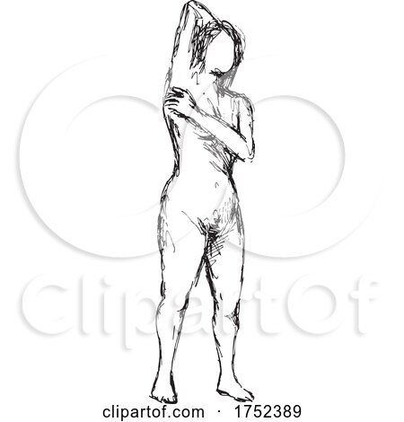 Nude Female Human Figure Posing with Hand Behind Head Doodle Art Line Drawing by patrimonio