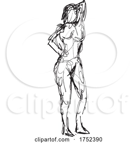 Nude Female Human Figure Posing with Hand Behind Head Front View Doodle Art Line Drawing by patrimonio