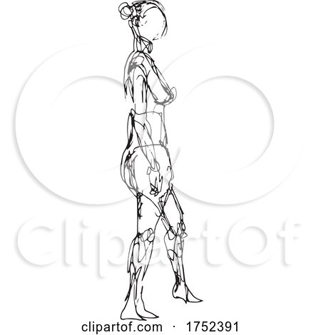 Nude Female Human Figure Model Posing Standing Doodle Art Continuous Line Drawing by patrimonio