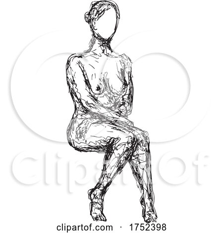 Nude Female Human Figure Sitting Front View down Doodle Art Continuous Line Drawing by patrimonio