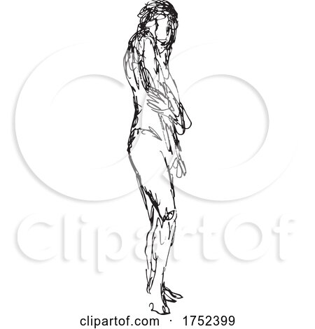 Nude Female Human Figure Posing Standing Doodle Art Continuous Line Drawing by patrimonio