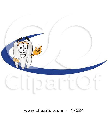 Clipart Picture of a Tooth Mascot Cartoon Character Behind a Dash on an Employee Nametag or Business Logo by Mascot Junction