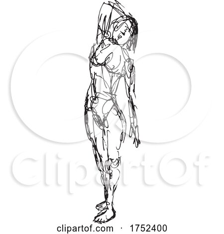 Nude Female Human Figure Posing Standing Doodle Art Continuous Line Drawing by patrimonio