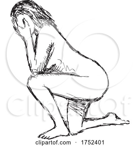 Nude Female Figure Kneeling on One Knee with Hand Covering Face Doodle Art Line Drawing by patrimonio