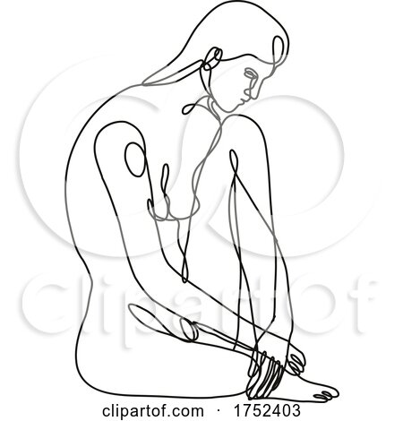 Female Nude Sitting with One Knee up Continuous Line Doodle Drawing by patrimonio