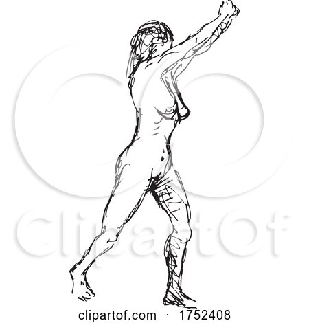 Nude Female Human Figure Striding with Hands Clasp Pointing up Side View Doodle Art Line by patrimonio