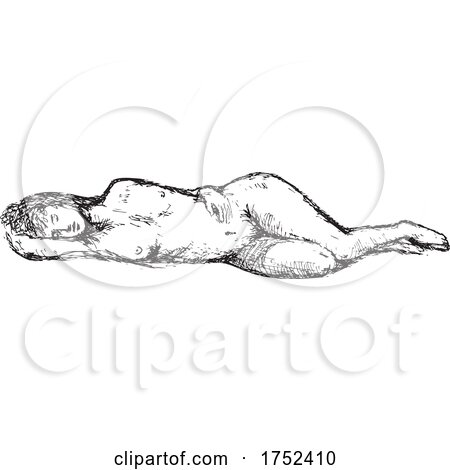 Nude Female Human Figure Model Posing Reclining, Supine Pose or Lying down Doodle Art Continuous Line Drawing by patrimonio