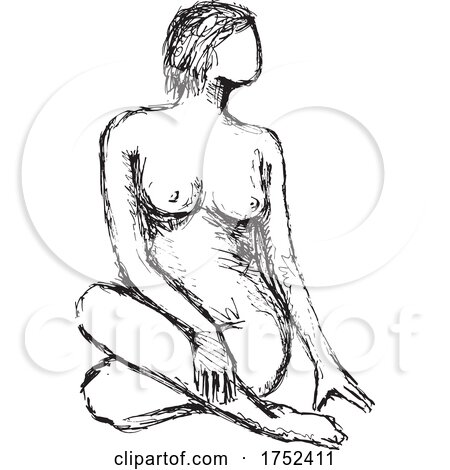 Nude Female Figure Posing Sitting Crossed Legged Looking to Side Doodle Art Line Drawing by patrimonio