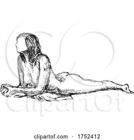 Nude Female Figure Model Posing Prone on Elbows Side View Doodle Art Continuous Line Drawing by patrimonio