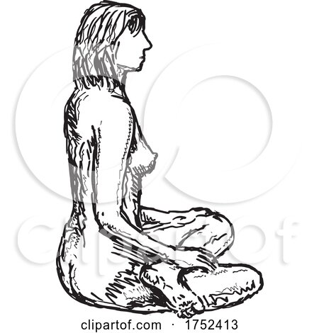 Nude Female Figure Crossed Legged Sitting Side View Doodle Art Continuous Line Drawing by patrimonio