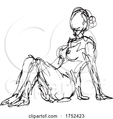 Nude Female Human Figure Model Posing Sitting down Doodle Art Continuous Line Drawing by patrimonio