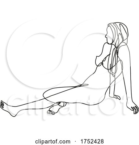 Female Nude Side Sitting Position Continuous Line Doodle Drawing by patrimonio