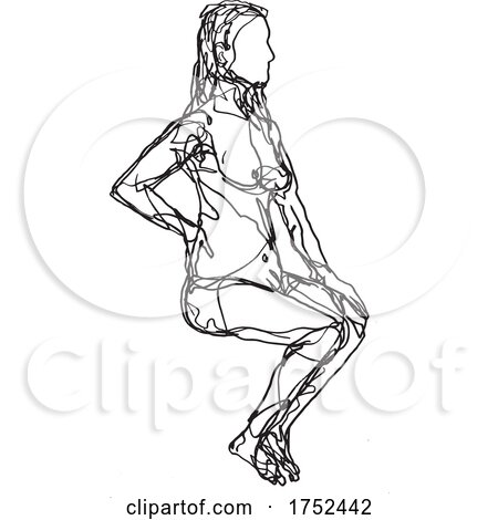 Female Human Figure Model Posing and Sitting in the Nude Looking to Side Doodle Art Continuous Line Drawing by patrimonio