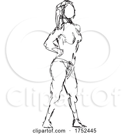 Nude Female Figure Standing Hands on Hips Doodle Art Continuous Line Drawing by patrimonio