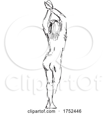 Nude Female Figure Standing Hands on up Rear View Doodle Art Continuous Line Drawing by patrimonio