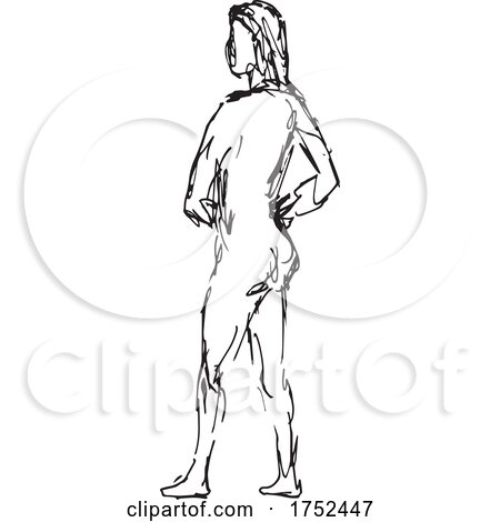 Nude Female Figure Standing Hands on Hip Side View Doodle Art Continuous Line Drawing by patrimonio