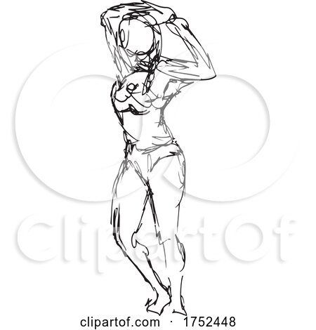 Nude Female Standing Hands on Back of Head Doodle Art Continuous Line Drawing by patrimonio