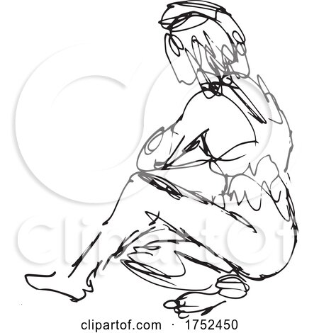 Nude Female Figure Sitting on Floor Side View Doodle Art Continuous Line Drawing by patrimonio