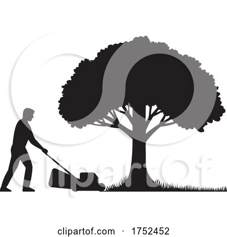 Silhouette of a Gardener with Lawnmower or Lawn Mower Mowing Grass Lawn with Oak Tree Stencil Illustration by patrimonio