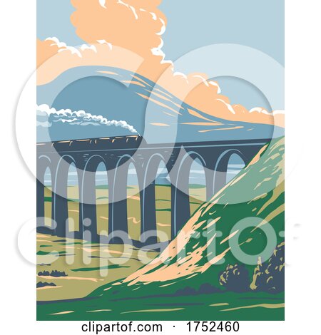 Steam Train on Railway over Batty Moss or Ribblehead Viaduct in Yorkshire Dales National Park England UK Art Deco WPA Poster Art by patrimonio