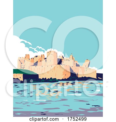 Caerphilly Castle and Moat Within Brecon Beacons National Park in South Wales United Kingdom UK Art Deco WPA Poster Art by patrimonio