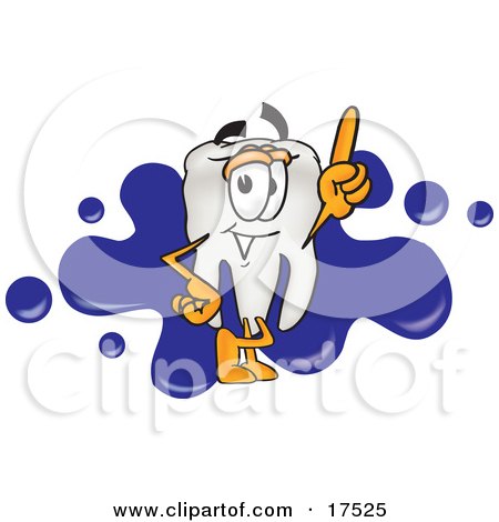 Clipart Picture of a Tooth Mascot Cartoon Character Pointing Up and Standing in Front of a Blue Paint Splatter on a Business Logo by Mascot Junction