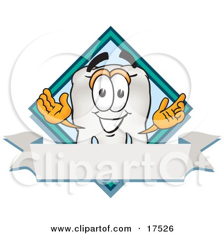 Clipart Picture of a Tooth Mascot Cartoon Character Over a Blank White Banner on a Logo by Mascot Junction