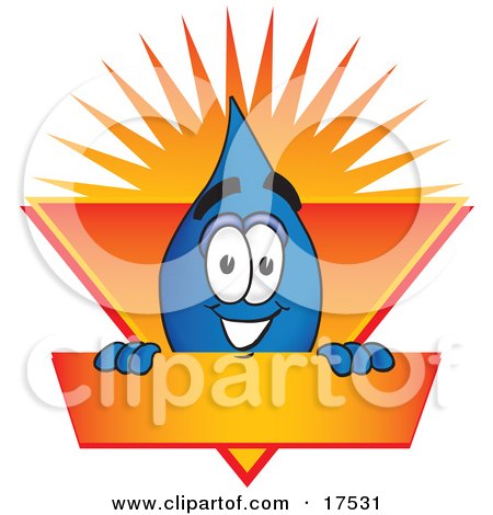 Clipart Picture of a Water Drop Mascot Cartoon Character on an Orange and Yellow Label by Mascot Junction