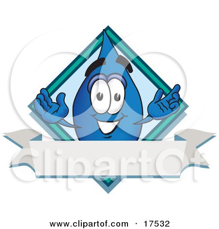 Clipart Picture of a Water Drop Mascot Cartoon Character Over a Blank Banner on a Logo by Mascot Junction