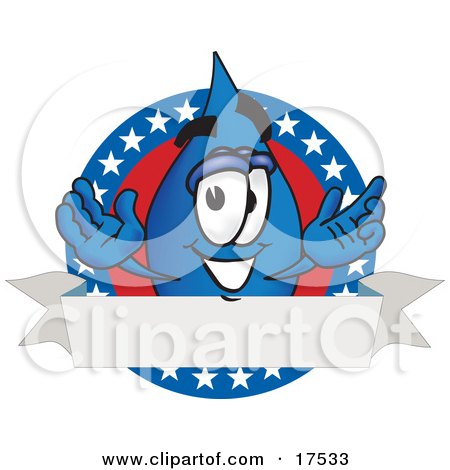 Clipart Picture of a Water Drop Mascot Cartoon Character on an American Themed Logo by Mascot Junction