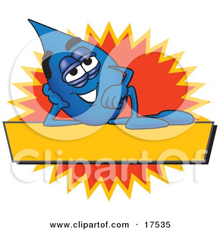 Clipart Picture of a Water Drop Mascot Cartoon Character Reclining Over a Yellow Banner With an Orange Burst by Mascot Junction