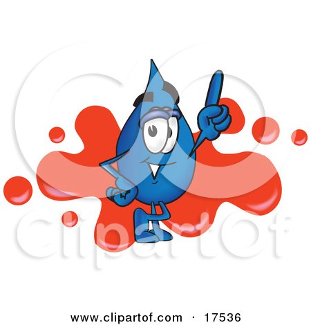 Clipart Picture of a Water Drop Mascot Cartoon Character Pointing Up and Standing in Front of a Red Paint Splatter on a Business Logo by Mascot Junction