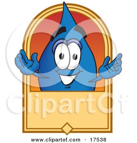 Clipart Picture of a Water Drop Mascot Cartoon Character on a Blank Tan Label, Logo or Sign by Mascot Junction