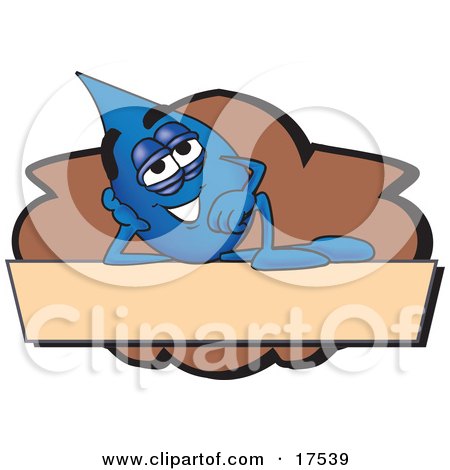Clipart Picture of a Water Drop Mascot Cartoon Character Reclining on a Blank Tan and Brown Label by Mascot Junction