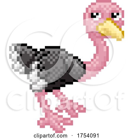 Ostrich Bird Pixel Art Safari Animal Cartoon by AtStockIllustration