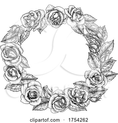 Rose Flower Border Woodcut Vintage Circle Frame by AtStockIllustration