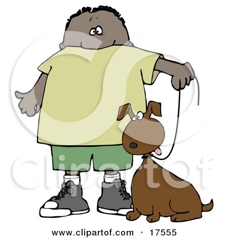 Clipart Illustration of a Little Hispanic or African American Boy Walking His Brown Mutt Dog On A Leash by djart