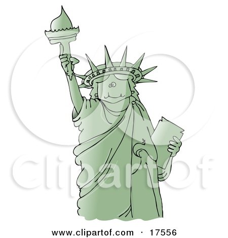 Clipart Ilustration of a Green Statue Of Liberty Smiling And Holding The Torch High Above Her Head by djart
