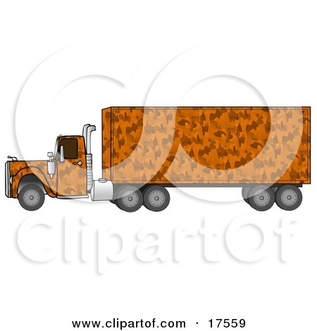 Clipart Illustration of an Orange Camouflage Big Rig Truck Pulling A Matching Cargo Trailer by djart