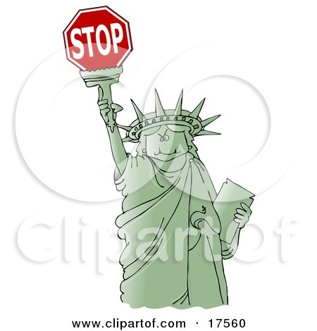 Clipart Ilustration of a Green Statue Of Liberty Smiling And Holding The Torch High Above Her Head by djart