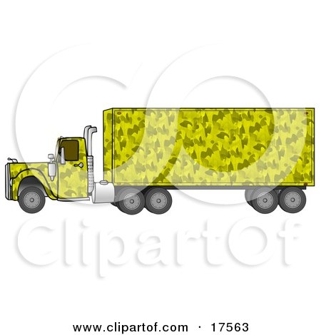 Clipart Illustration of a Yellow Camo Big Rig Truck Pulling A Matching Cargo Trailer by djart