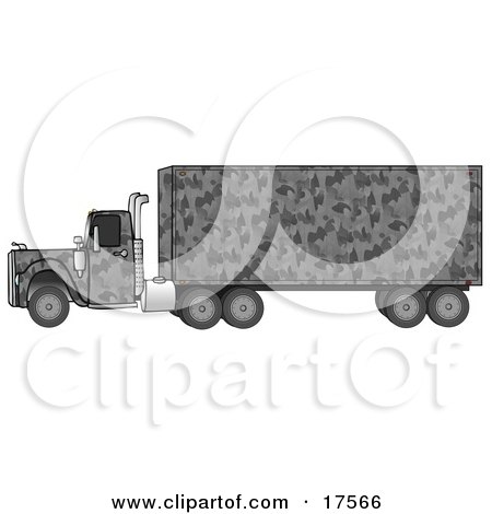 Clipart Illustration of a Gray Camouflage Big Rig Truck Pulling A Matching Cargo Trailer by djart