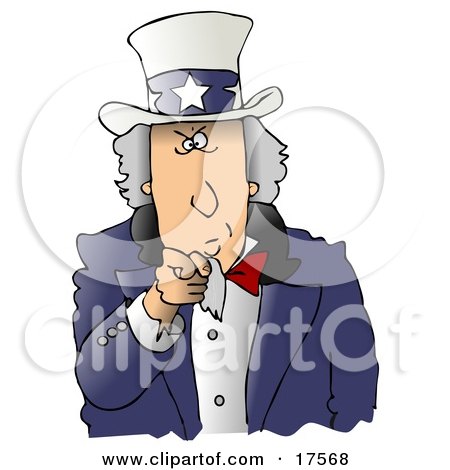 Clipart Ilustration of a Stern Uncle Sam Wearing A Hat With Stars On It And A Blue Jacket, Pointing Outwards At The Viewer by djart